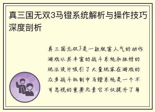 真三国无双3马镫系统解析与操作技巧深度剖析